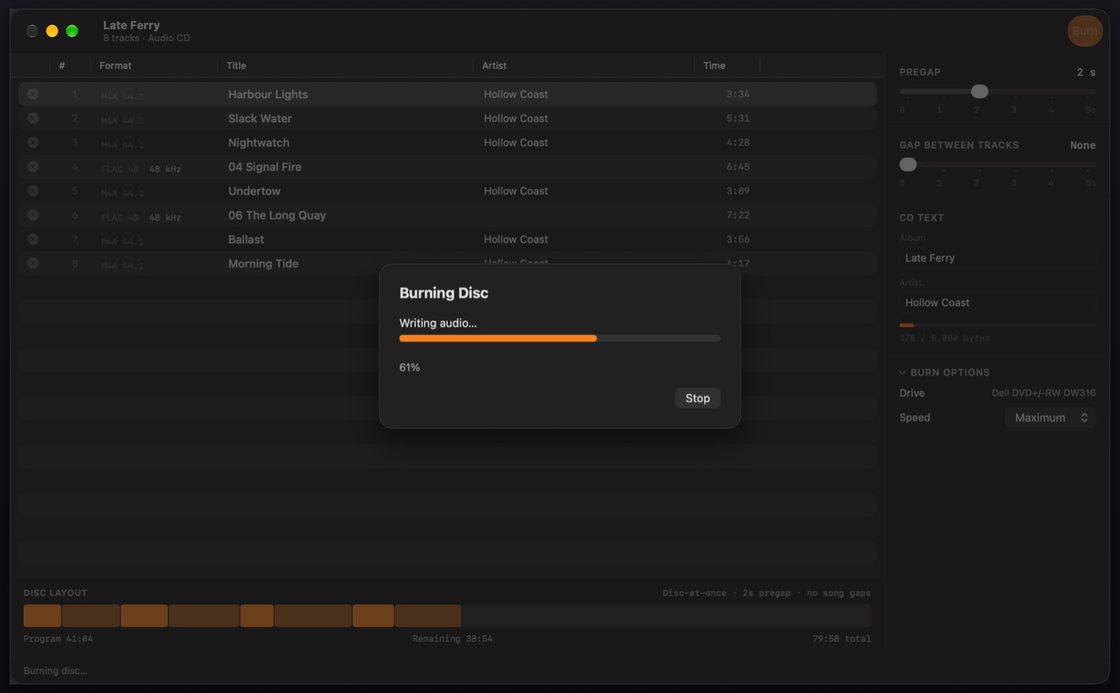 Pregap burning the album: a progress sheet reading Writing audio, 61%.