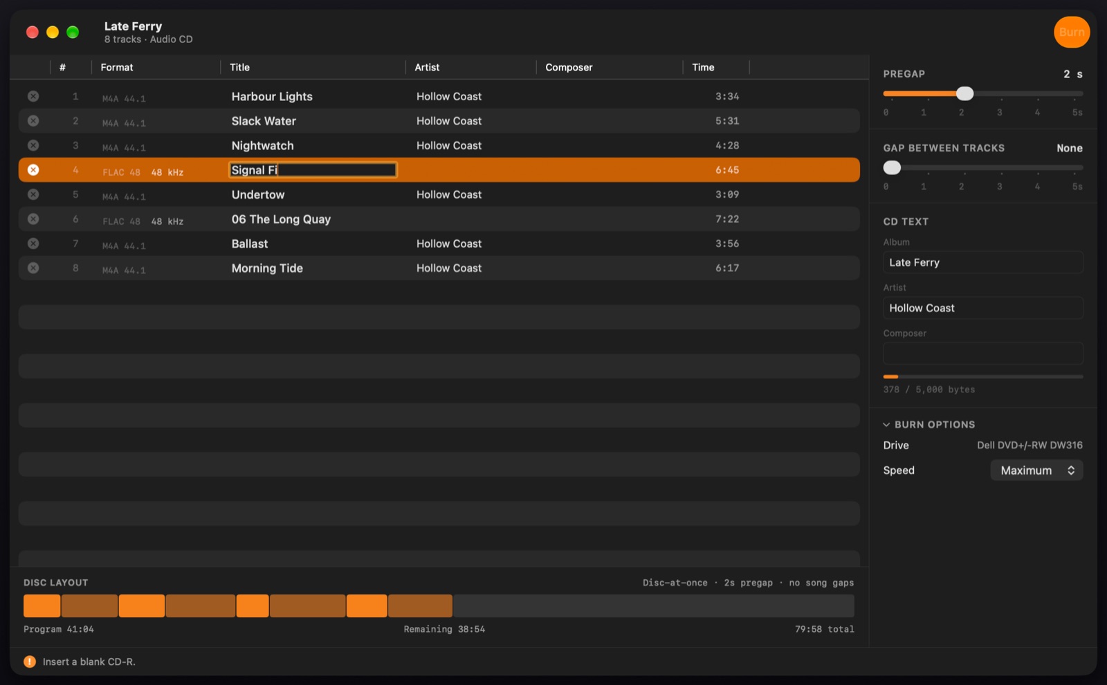 Pregap's window with an eight-track album. Track 4's title is being renamed in place, from “04 Signal Fire” to “Signal Fire”; alongside are the pregap and gap controls, CD-Text, and the disc layout bar.
